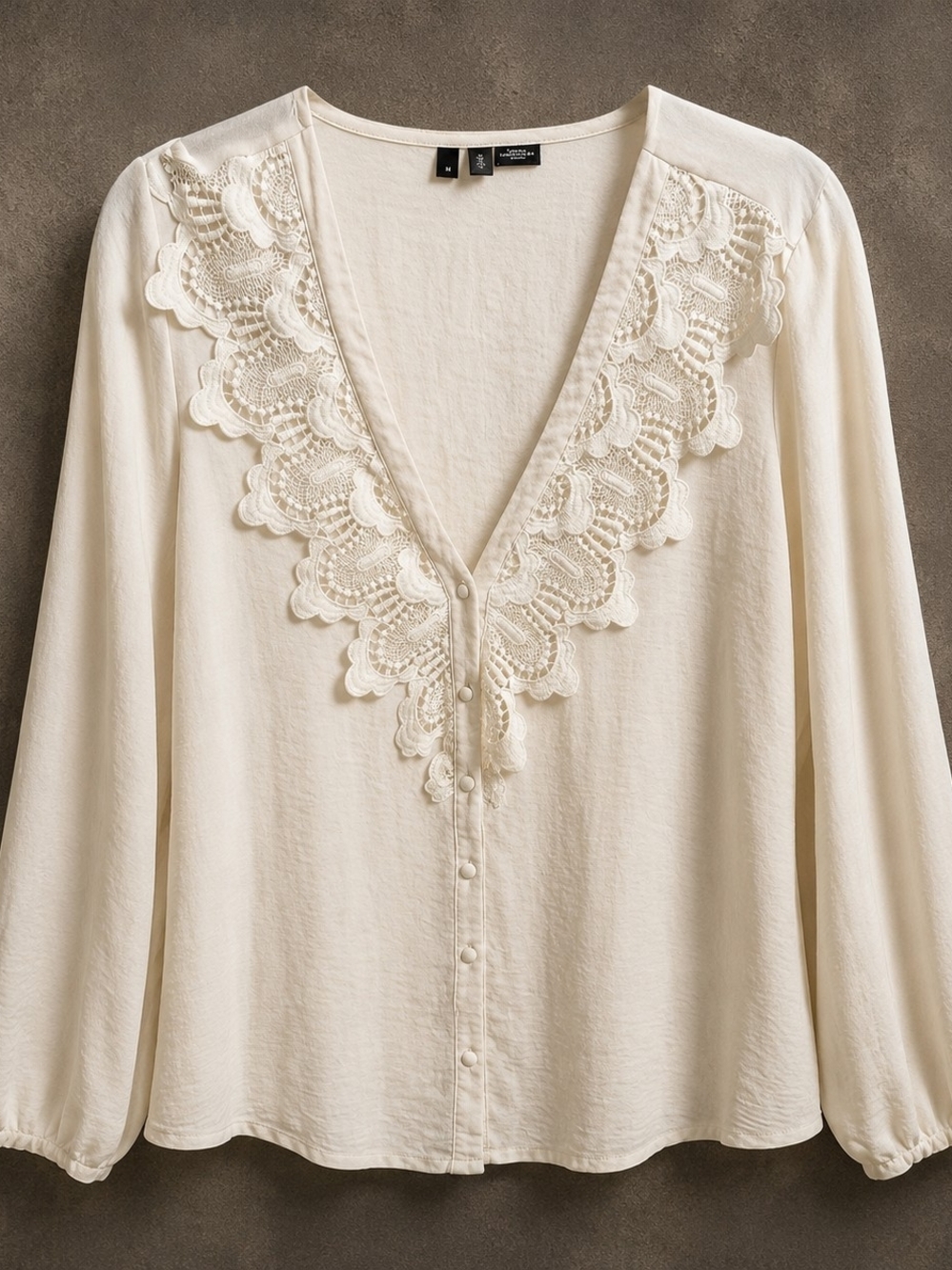 VERO MODA Ivory Lace Trim Boho Blouse Medium Long Sleeve V-Neck Romantic Top